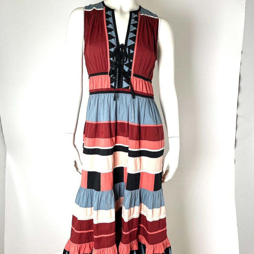 Authentic Ulla Johnson V Neck Midi Striped Cotton Blue Burgundy Sleeveless Dress - Picture 1 of 7